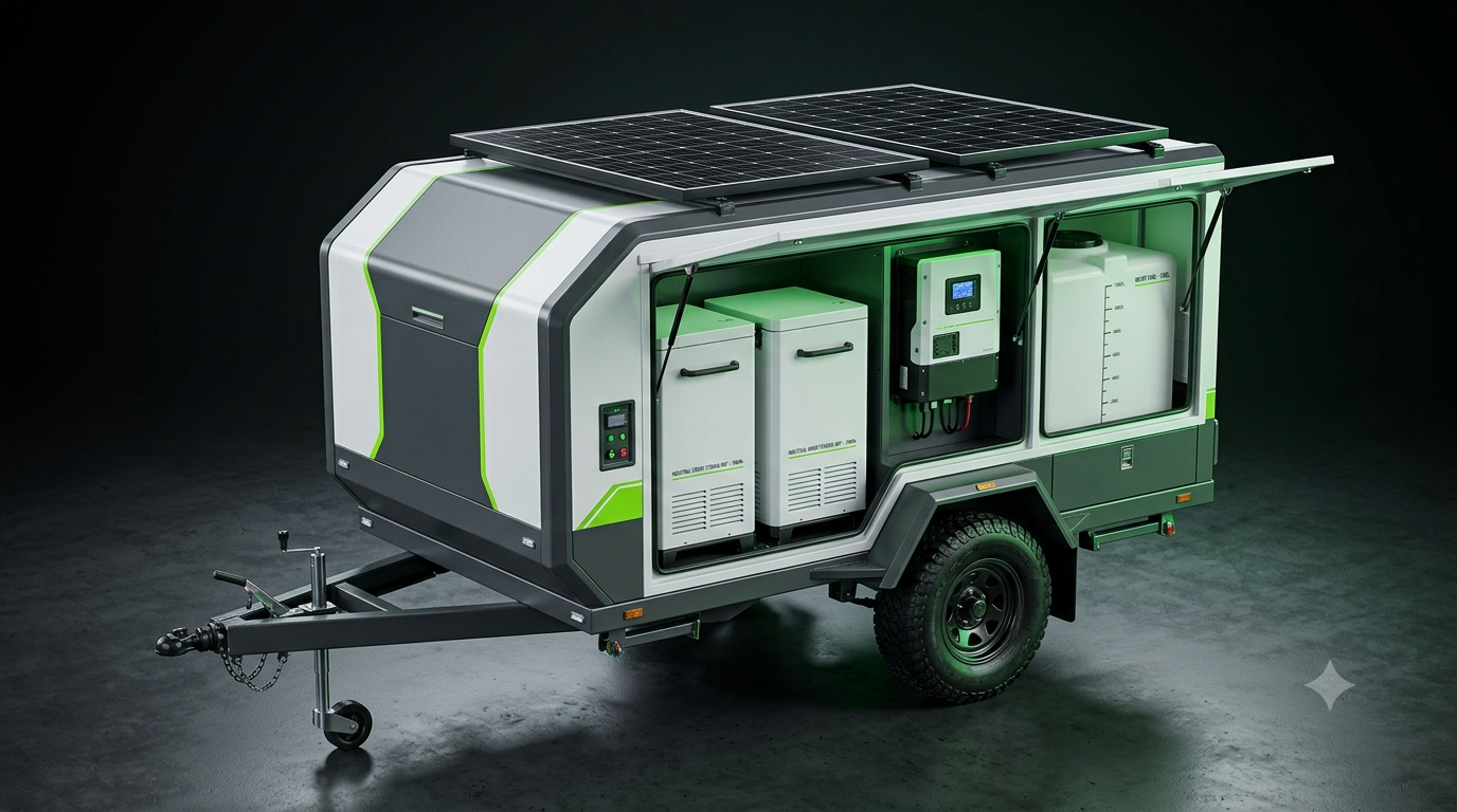 Aanhanger Compact — Enkelassig. Fridge-formaat. Stroom en water op de bouwplaats binnen minuten.