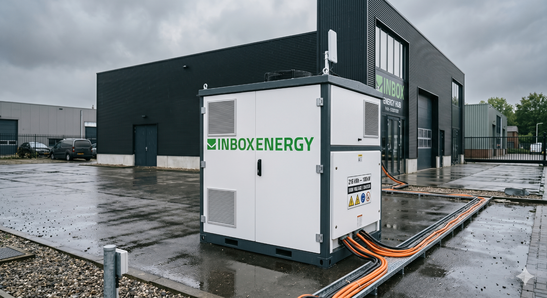 Inbox Energy 215 kWh container geïnstalleerd bij een Nederlands bedrijfspand